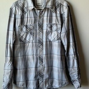 BKE Woman’s Light Blue Button Up Plaid Shirt